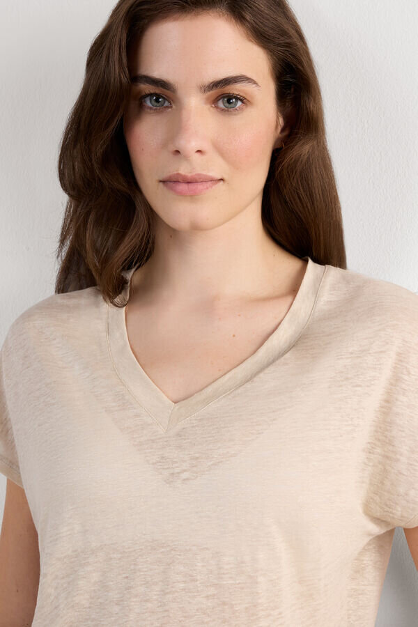 Bluză cu mâneci scurte și decolteu în V din in pur Bluză cu mâneci scurte și decolteu în V din in pur