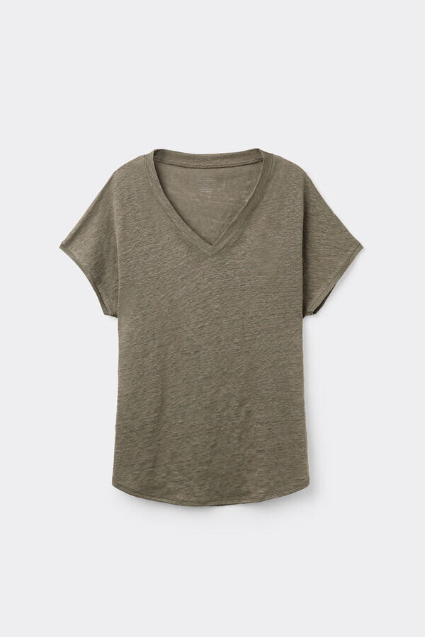 Bluză cu mâneci scurte și decolteu în V din in pur Bluză cu mâneci scurte și decolteu în V din in pur