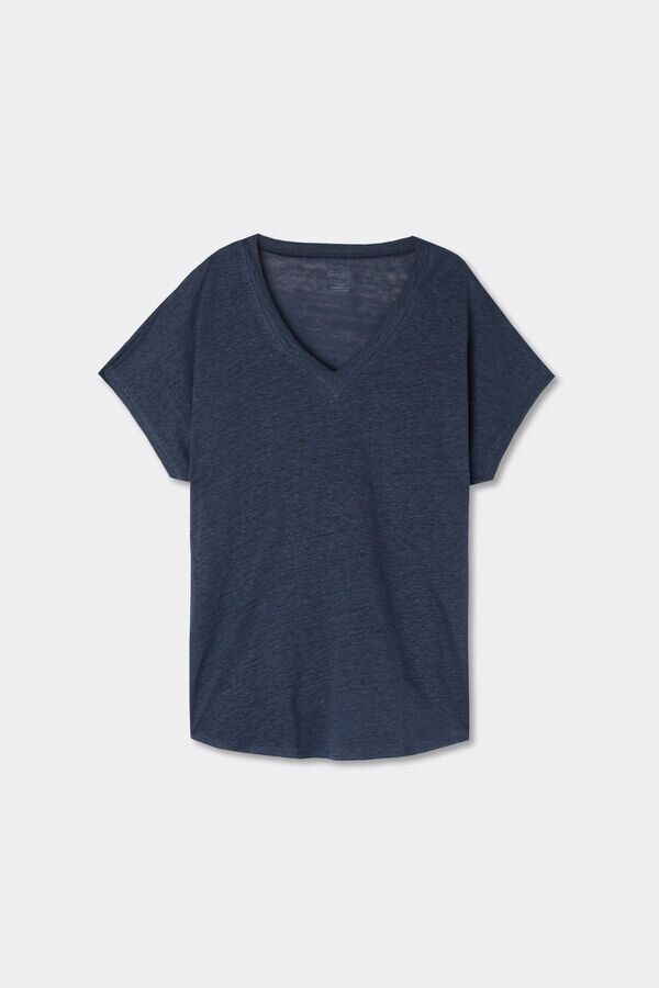 Bluză cu mâneci scurte și decolteu în V din in pur Bluză cu mâneci scurte și decolteu în V din in pur