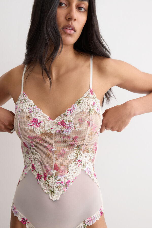 Body din tul și Lace Bodysuit cu imprimeu Pretty Flowers Body din tul și Lace Bodysuit cu imprimeu Pretty Flowers