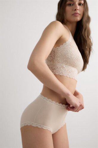 Chiloți hipster din bumbac și dantelă, cu talie înaltă