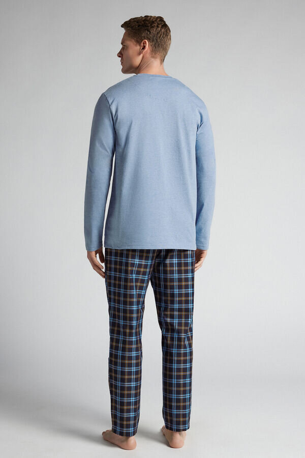 Pijamale lungi din bumbac albastru deschis și țesătură cu imprimeu în carouri Pijamale lungi din bumbac albastru deschis și țesătură cu imprimeu în carouri