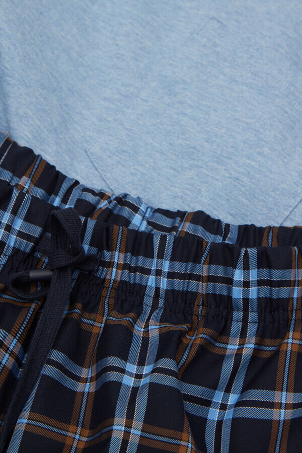 Pijamale lungi din bumbac albastru deschis și țesătură cu imprimeu în carouri Pijamale lungi din bumbac albastru deschis și țesătură cu imprimeu în carouri