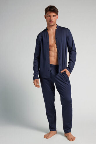 Pijamale lungi din bumbac, cu deschidere în față