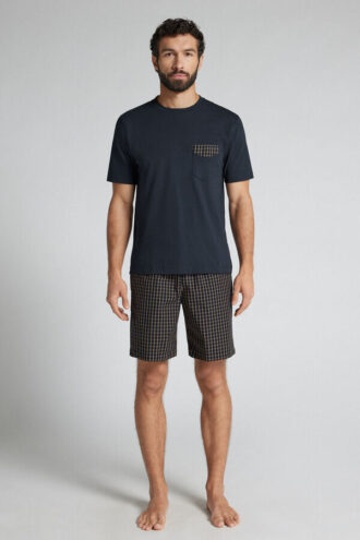 Pijamale scurte din bumbac și țesătură cu imprimeu în carouri albastre și crem