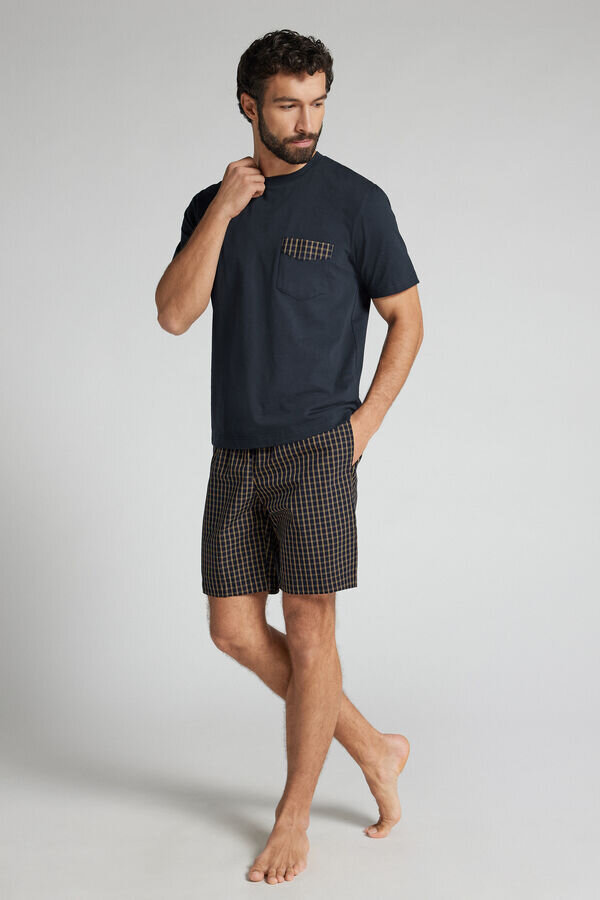 Pijamale scurte din bumbac și țesătură cu imprimeu în carouri albastre și crem Pijamale scurte din bumbac și țesătură cu imprimeu în carouri albastre și crem