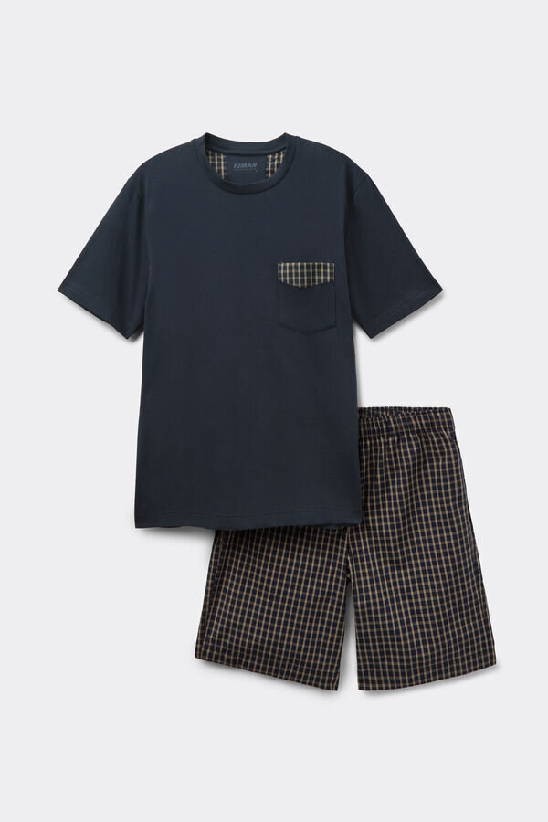 Pijamale scurte din bumbac și țesătură cu imprimeu în carouri albastre și crem Pijamale scurte din bumbac și țesătură cu imprimeu în carouri albastre și crem