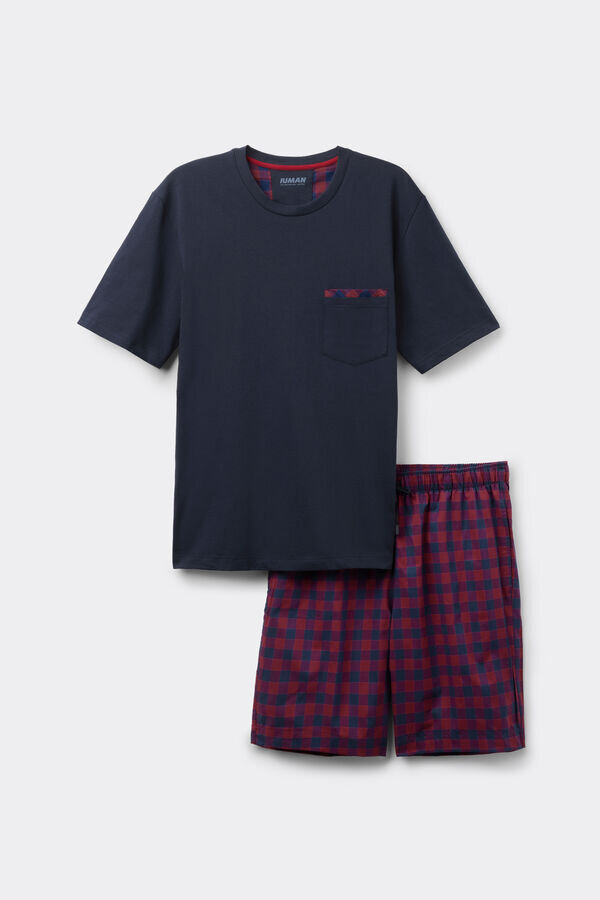 Pijamale scurte din bumbac și stofă cu imprimeu în carouri roșii și albastre Pijamale scurte din bumbac și stofă cu imprimeu în carouri roșii și albastre