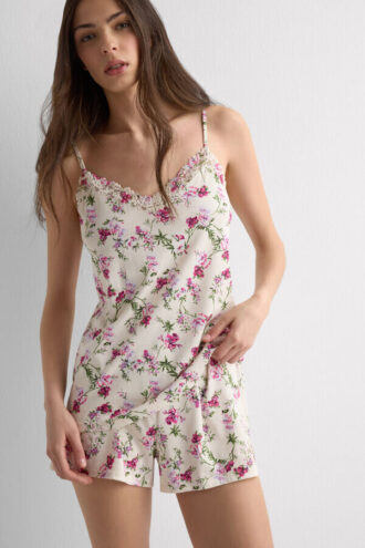Pijamale scurte din bumbac superior cu imprimeu Pretty Flowers și camisol