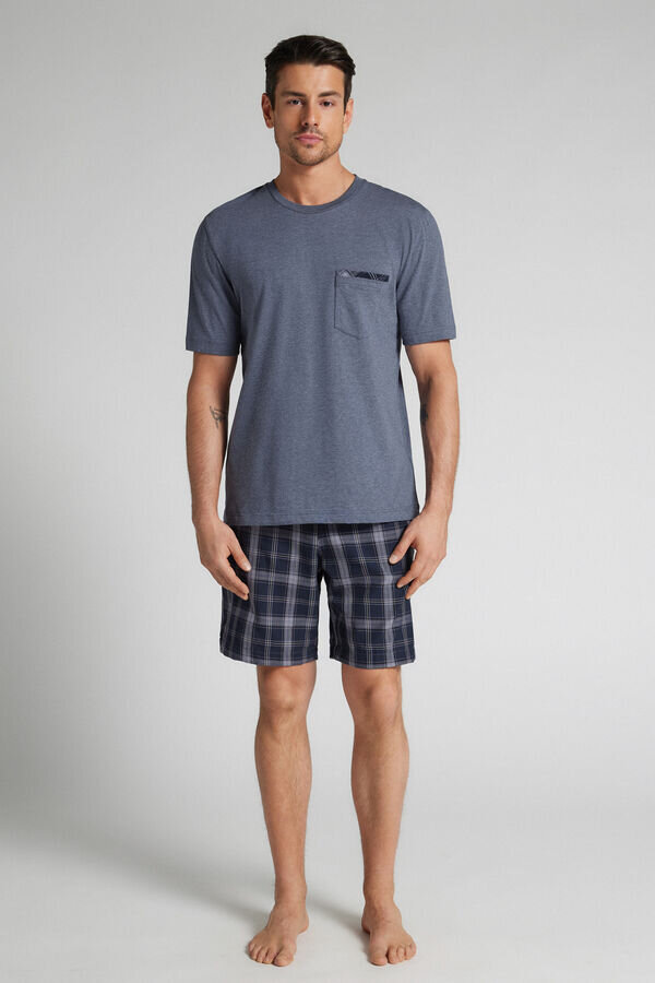 Pijamale scurte din denim cu imprimeu în carouri și bumbac Pijamale scurte din denim cu imprimeu în carouri și bumbac