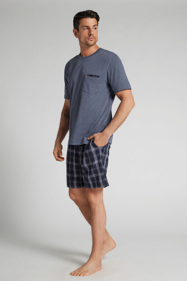Pijamale scurte din denim cu imprimeu în carouri și bumbac Pijamale scurte din denim cu imprimeu în carouri și bumbac