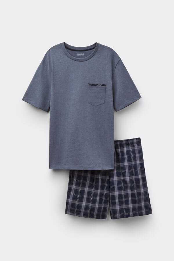 Pijamale scurte din denim cu imprimeu în carouri și bumbac Pijamale scurte din denim cu imprimeu în carouri și bumbac