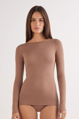 Top ultraleger din modal și cașmir, cu gât în formă de barcă