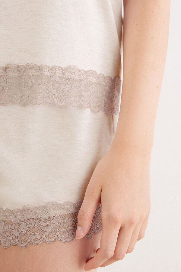 Tricou fără mâneci cu bordură din dantelă Pijama scurtă din modal Tricou fără mâneci cu bordură din dantelă Pijama scurtă din modal